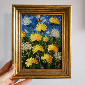 Peinture originale de pissenlits fleurs sauvages empâtement peinture à l'huile art floral peinture 3D encadré 20 x 15 cm