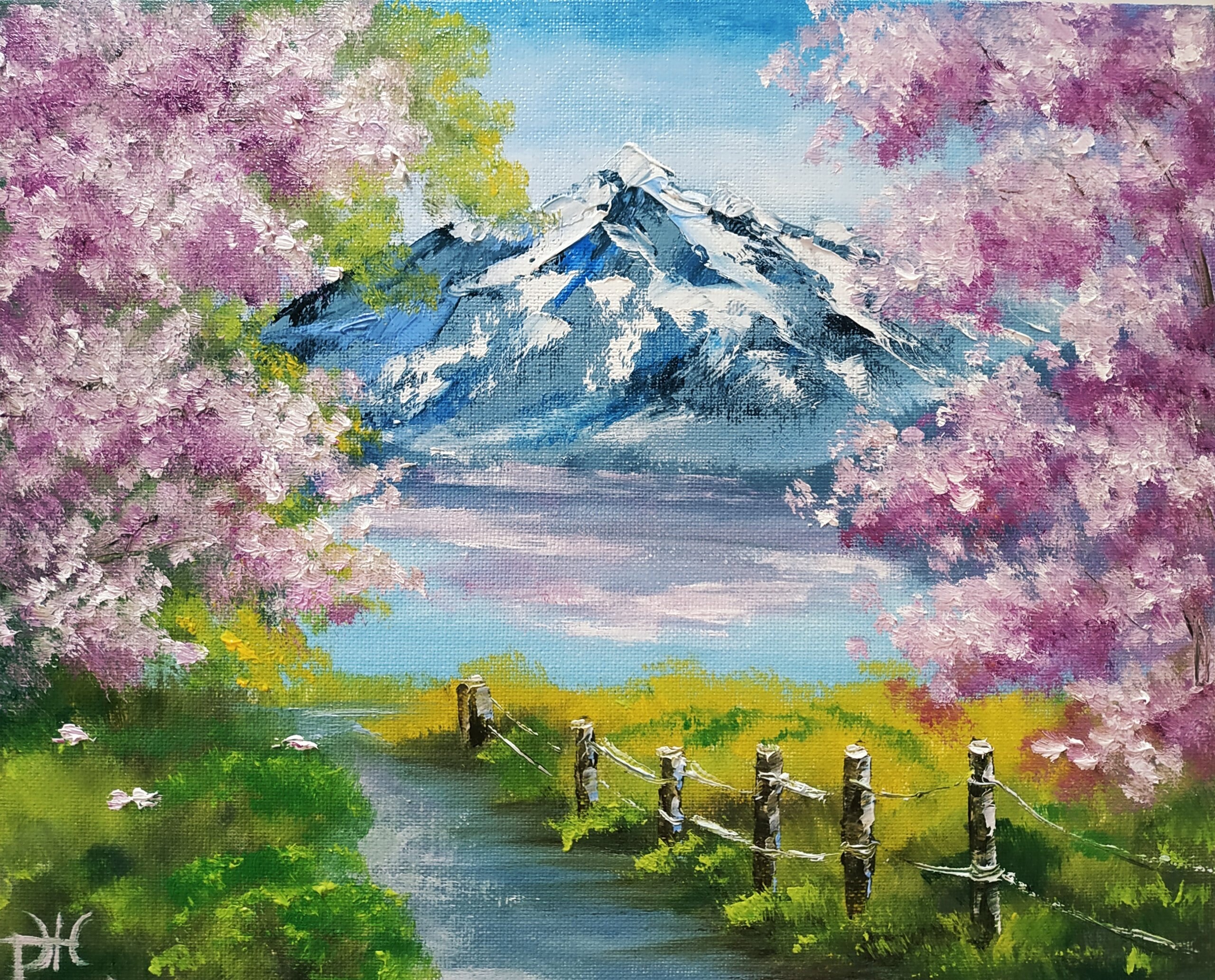Sakura Original Painting Mount Fuji Art Landscape Cherry Blooming