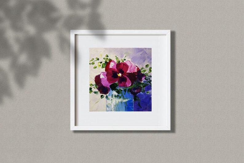 Pensées, peinture art mural pensée, cadeau fête des mères, bouquet de fleurs, art original, empâtement, peinture à l'huile, art 3D, 15 x 15 cm image 2