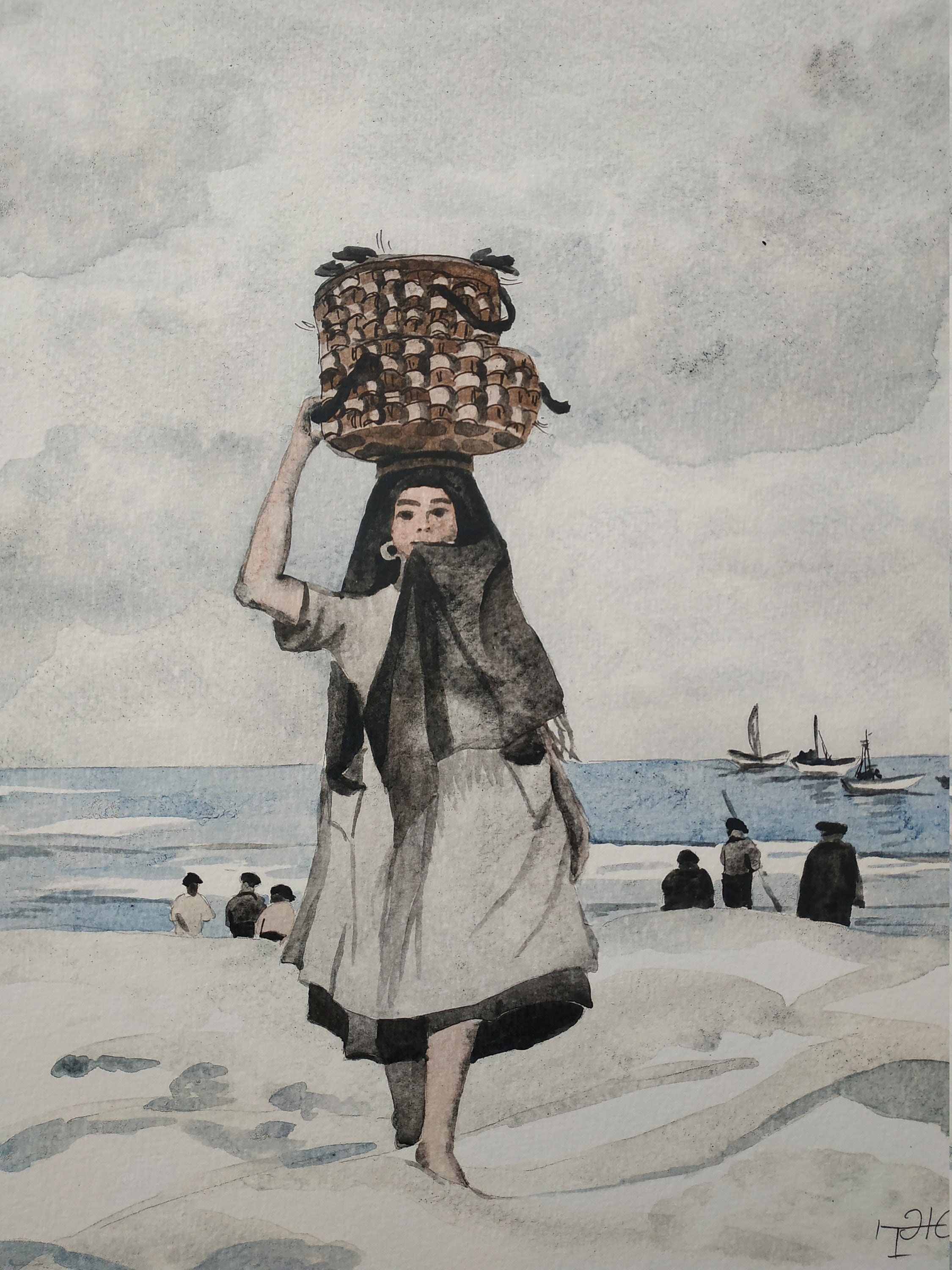 Fisherwoman Painting Seaside Landscape Art Portugal Retro Style