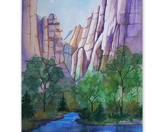 Parc national de Zion, peinture paysage, aquarelle, art original, grande aquarelle 16 x 12 pouces