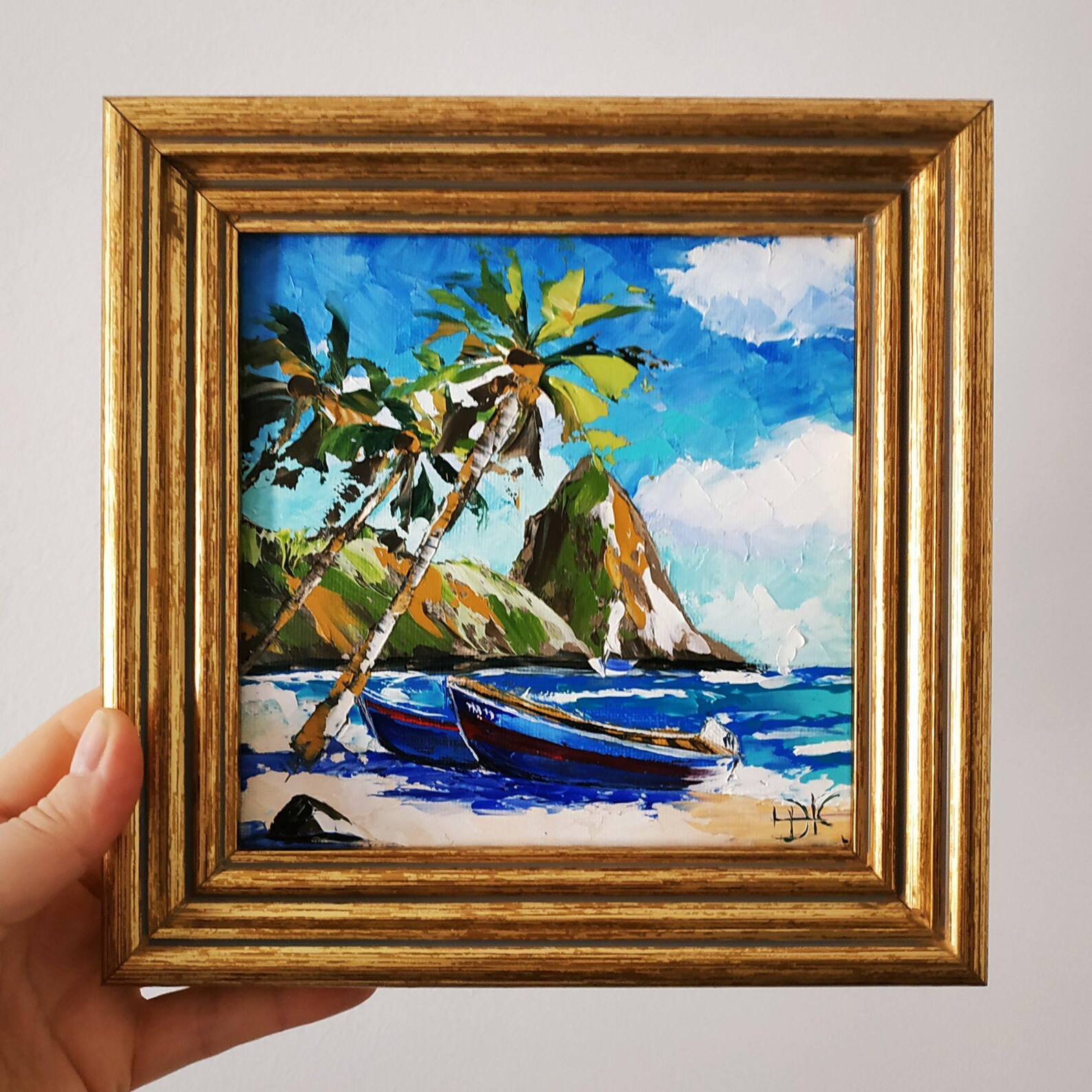 Saint Lucia Painting Caribbean Island Original Oil Painting Seascape 3D Art Famed 6x6 - with gold frame 6х6