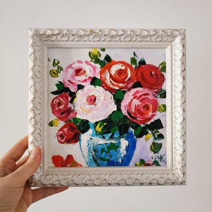 Roses peinture empâtement peinture à l'huile art floral art original peinture 3d encadré 8 x 8 cadeau