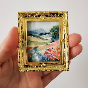 Tuscany Blooming Meadow Tiny Painting Watercolor Original Art Dolls-house Decor Framed 2 by 1.6 inches