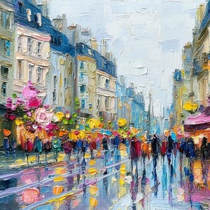 May include: Impressionistic oil painting of a European city street scene. Buildings with blue roofs and colorful awnings line the street. People are walking on a wet, reflective surface. Pink and yellow flowers are in the foreground.