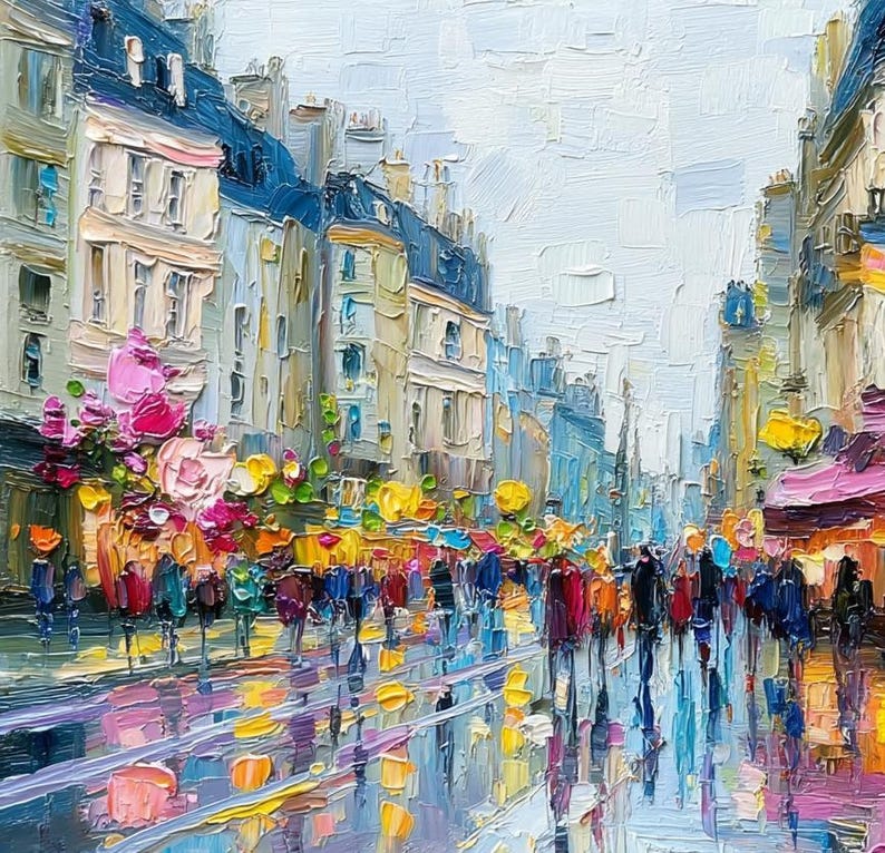 May include: Impressionistic oil painting of a European city street scene. Buildings with blue roofs and colorful awnings line the street. People are walking on a wet, reflective surface. Pink and yellow flowers are in the foreground.