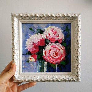 Peinture originale de roses roses, art floral, empâtement, peinture à l'huile, art 3D, cadre 6 x 6, cadeau