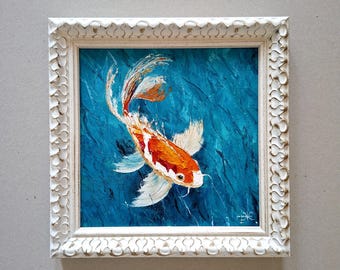 Koi Fish Impasto Original Oil Painting: 3D Textured Art Framed 8x8"