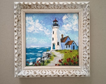 Lighthouse Impasto Original Oil Painting: 3D Textured Art, Framed 6x6"