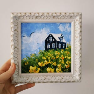 Hrísey peinture Islande maison portrait peinture à l'huile originale empâtement petit mur art 3D art encadré 15 x 15 cm