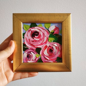 Pintura de peonías, peonía rosa, arte mural, pintura al óleo empastada, arte original enmarcado, regalo de 4x4