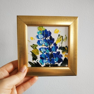 Pintura original de Texas Bluebonnet, flor empastada, pintura al óleo, pequeña obra de arte, pintura 3D enmarcada, 4 x 4 pulgadas, regalo de cumpleaños