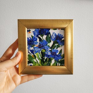 Pintura original de acianos, flores azules, arte mural, pintura al óleo empastada, arte floral, arte 3D, enmarcado, regalo de 4 x 4 pulgadas