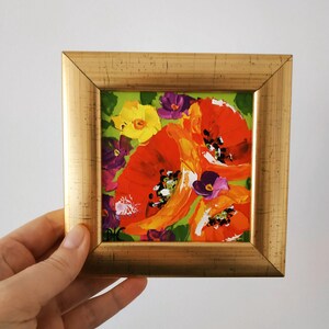 Coquelicots de Californie peinture originale art mural floral coquelicot empâtement peinture à l'huile art 3D encadré 10 x 10 cm