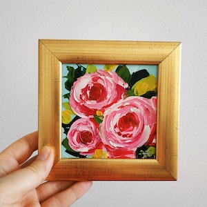 Pintura de peonías, arte de pared de peonías rosas, regalo de cumpleaños, pintura al óleo de impasto, arte floral, arte 3D original enmarcado de 4 x 4 pulgadas