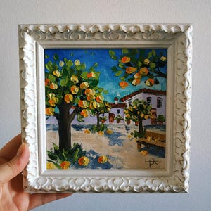 Orangers au Portugal, peinture Portugal Art Original, empâtement, peinture à l'huile, peinture 3D, encadré 6х6 pouces