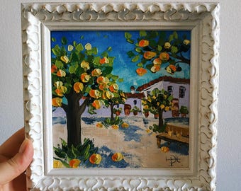 Orange Trees in Portugal Painting Portugal Art Original Art Impasto Oil Painting 3D Painting Framed 6х6 inches