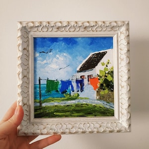 Ecosse peinture originale maison portrait corde à linge empâtement petit art mural 3D art encadré 15 x 15 cm