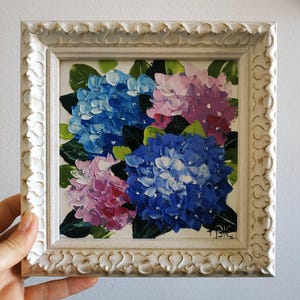 Peinture hortensia empâtement peinture à l'huile art floral art mural original art 3D encadré 6 x 6 cadeau fête des mères