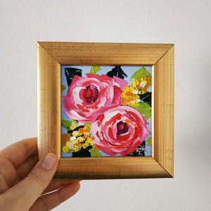 Pintura de rosas, arte original, pintura al óleo, arte floral, pintura 3D enmarcada, regalo de cumpleaños de 4 x 4 pulgadas