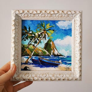 Sainte-Lucie, peinture île des Caraïbes, peinture à l'huile originale, art mural coloré, paysage marin, art 3D célèbre, 15 x 15 cm