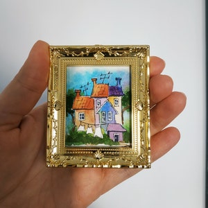 Tiny House Watercolor Painting Miniature Landscape Art Framed