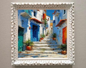 Pintura al óleo de impasto del Algarve: paisaje urbano portugués, arte original enmarcado, 8x8