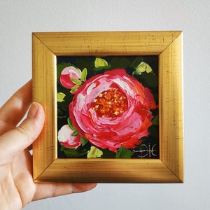 Pintura de peonías, arte mural de peonías rosas, pintura al óleo empastada, arte floral, arte 3D original enmarcado, regalo de cumpleaños de 4 x 4 pulgadas
