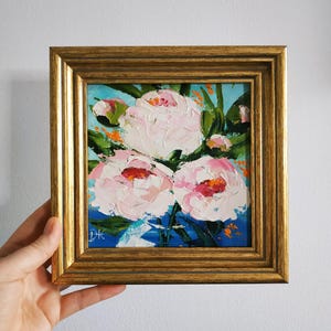 Pivoines roses peinture originale peinture à l'huile fleurs oeuvre empâtement peinture art 3D encadré 6 x 6 cadeau