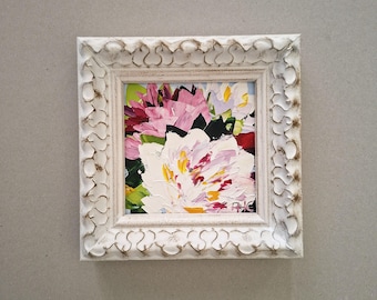 Pintura de peonías, empastada, pintura al óleo, arte floral original enmarcado, 4x4