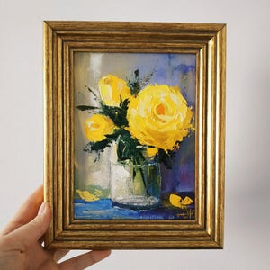 Oeuvres d'art originales de peinture de roses jaunes, peinture à l'huile d'empâtement d'art floral, art 3D encadré, cadeau de couteau à palette
