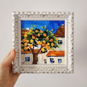 Orangers au Portugal, peinture Portugal Art Original, empâtement, peinture à l'huile, peinture 3D, encadré 6х6 pouces