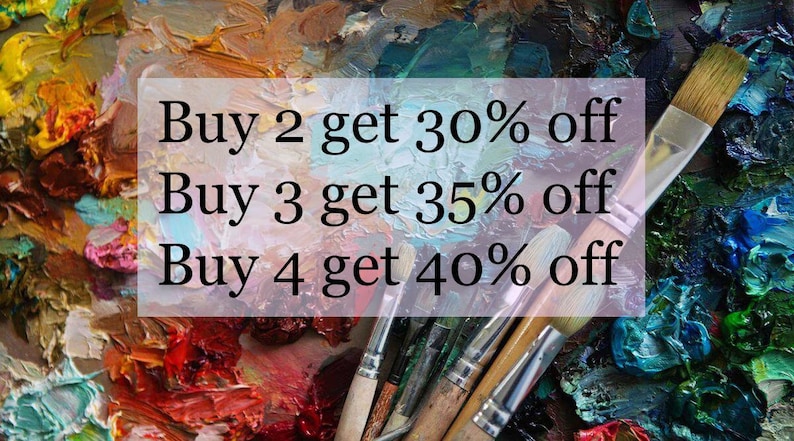 May include: An artistic composition featuring paintbrushes resting on a vibrant palette of mixed colors. The image includes text offering discounts: Buy 2 get 30% off, Buy 3 get 35% off, and Buy 4 get 40% off.