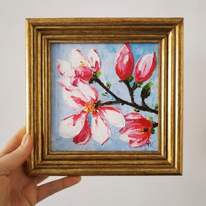 Magnolia peinture originale art fleurs empâtement peinture à l'huile 3D art encadré 6 x 6 cadeau