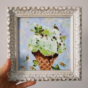 Pistachio Ice Cream Painting Original Fine Art Oil Painting Impasto Still Life Framed 6x6