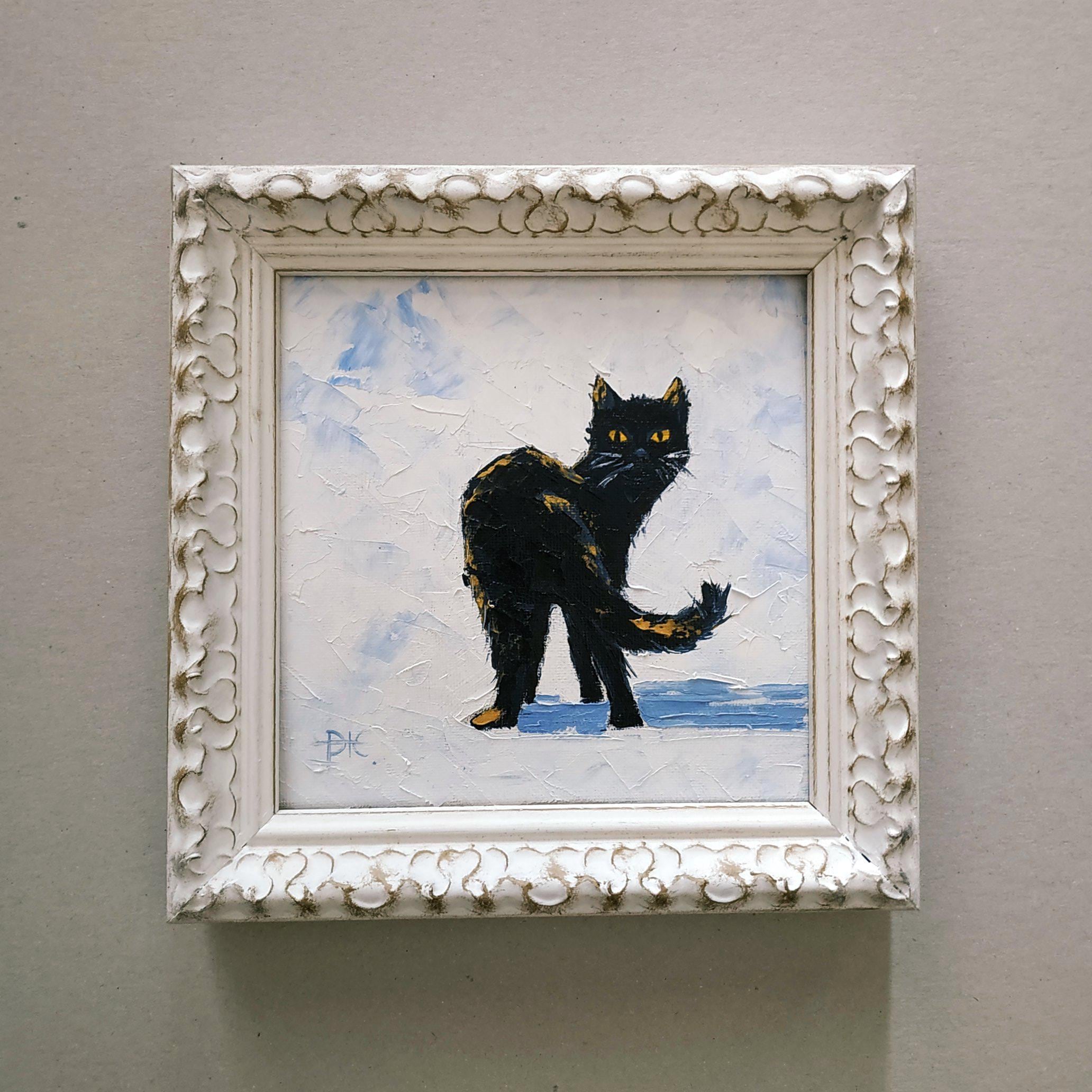 黒猫』油絵 ミニ絵画 原画 油彩画 額付き 手描き 黒猫の絵画 オリジナル