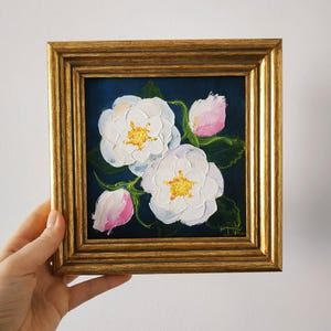 Rose Cherokee Original peinture fleurs blanches empâtement peinture à l'huile 3D art encadré 6 x 6 cadeau