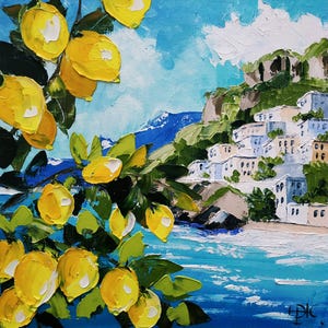 Positano peinture Salerne art mural citronnier côtier original peinture à l'huile Italie art empâtement art 3D 20 x 20 pouces