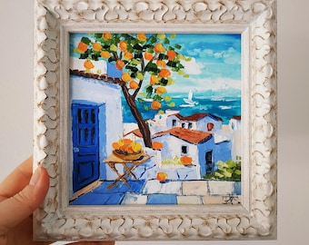 Algarve Orange Trees Painting Portugal Original Fine Art Impasto Oil Painting Framed 6x6