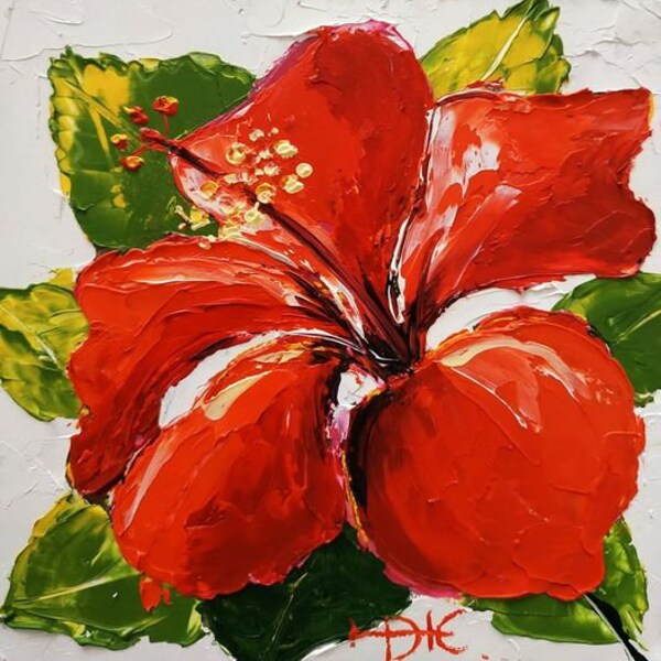 Peinture à l'hibiscus empâtement peinture à l'huile art floral original petit art 3D 4 x 4 cadeau fête des mères