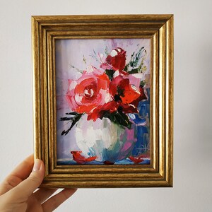 Peinture originale de roses empâtement, peinture à l'huile d'art floral, peinture 3D, encadrée 20 x 15 cm, cadeau d'anniversaire
