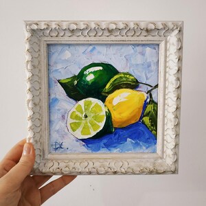 Peinture à empâtement de citrons et de citron vert, peinture à l'huile originale, décoration de cuisine, art 3D, cadre 6 x 6, cadeau