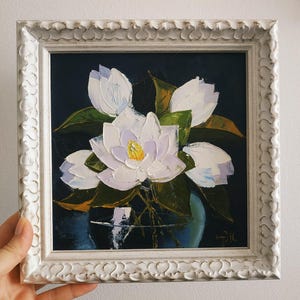 Magnolia, peinture originale, fleurs, empâtement, peinture à l'huile, texture, peinture, 3 D, encadré, cadeau 8 x 8