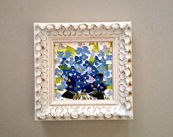 忘れな草の油絵、オリジナルアートワークの厚塗り油絵、野生の花の壁