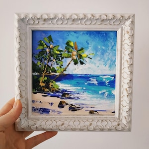 Tropical Beach Hawaii peinture Art paysage empâtement peinture à l'huile 3D originale encadrée 6 x 6 pouces