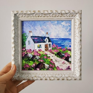 Irlande Originale peinture cottage irlandais fleurs de bruyère peinture à l'huile empâtement 3D art encadré 6 x 6 couteau à palette