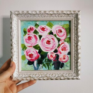 Rose Painting Flower Original Art Floral Impasto Oil Painting Small Wall Art 3D Art Framed 6x6 Gift