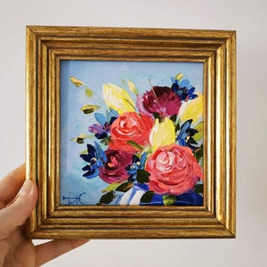 Bouquet de roses, peinture originale, art floral, empâtement, peinture à l'huile, art 3D, encadré, cadeau 6 x 6