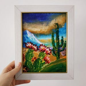 Arizona Saguaro Cactus Painting Original Art Impasto Oil Painting Framed 9x7