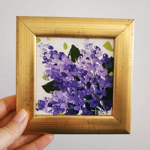 Pintura de lilas, empastada, pintura al óleo, arte floral, arte original, pequeña pintura 3D, regalo de cumpleaños, enmarcada, 4 x 4 pulgadas
